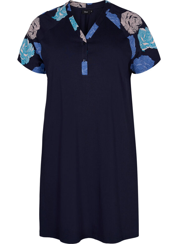 Kortermet nattkjole i bomull med mønster, Blue Flower, Packshot image number 0