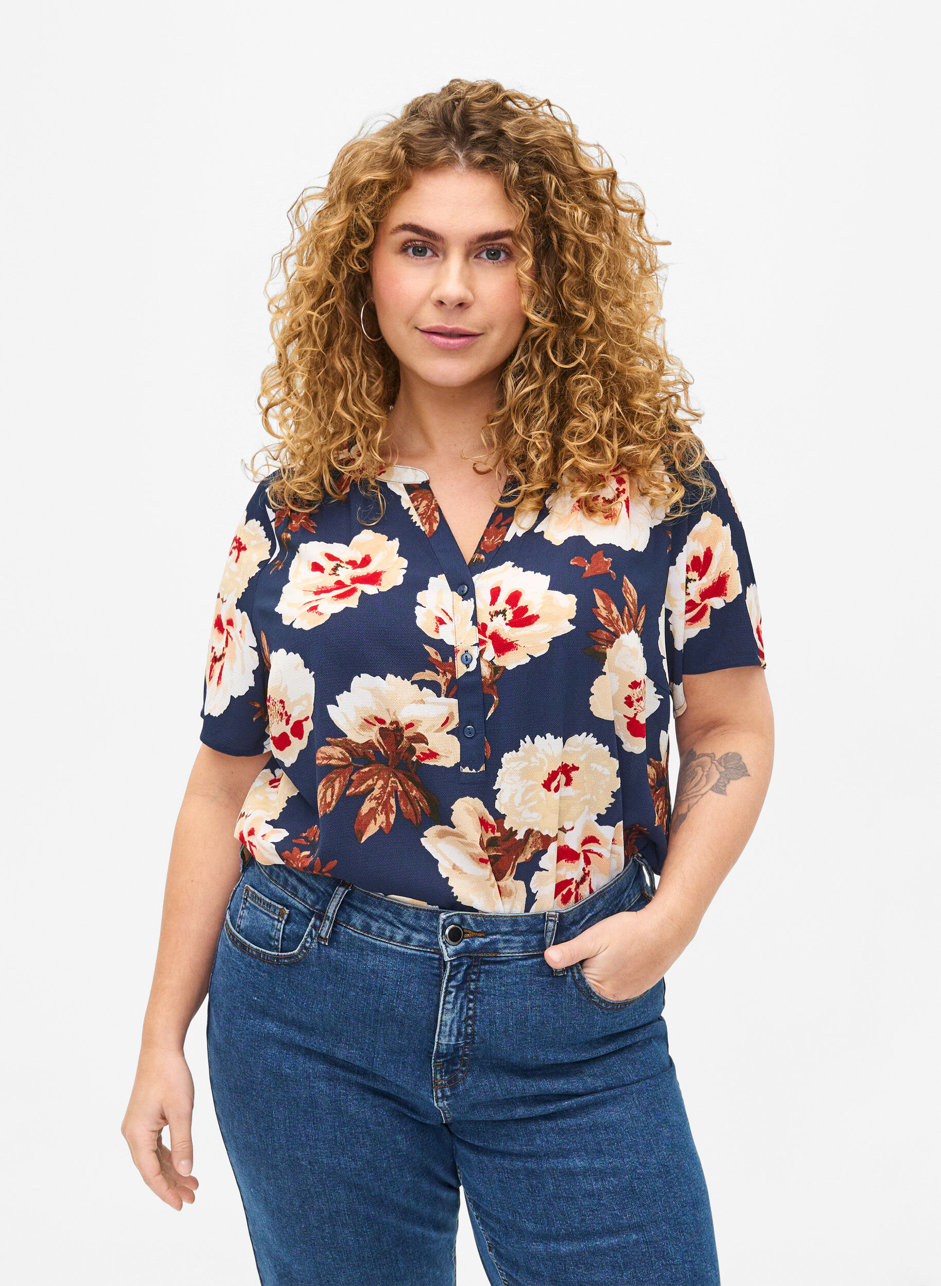 Zizzi Bluse med korte ermer og V-hals, Bl&aring;, Model image number 0