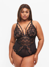 Bodystocking i mesh og blonder, Black, Model