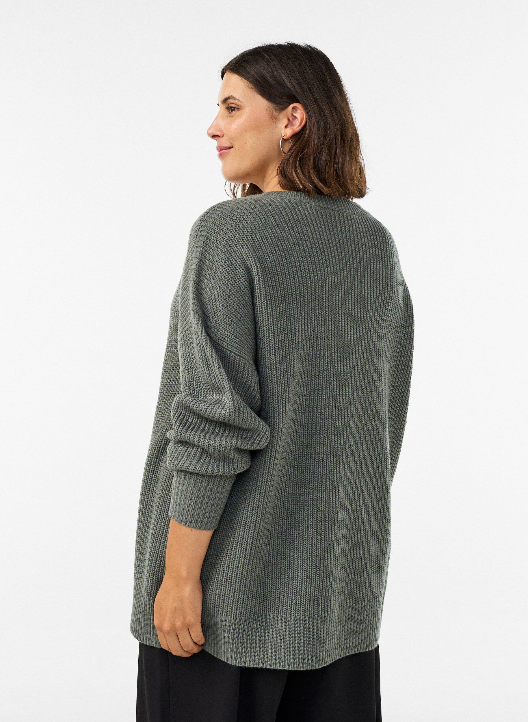 ZizziLang ribbestrikket bluse med V-hals, Gr&oslash;nn, Model image number 2