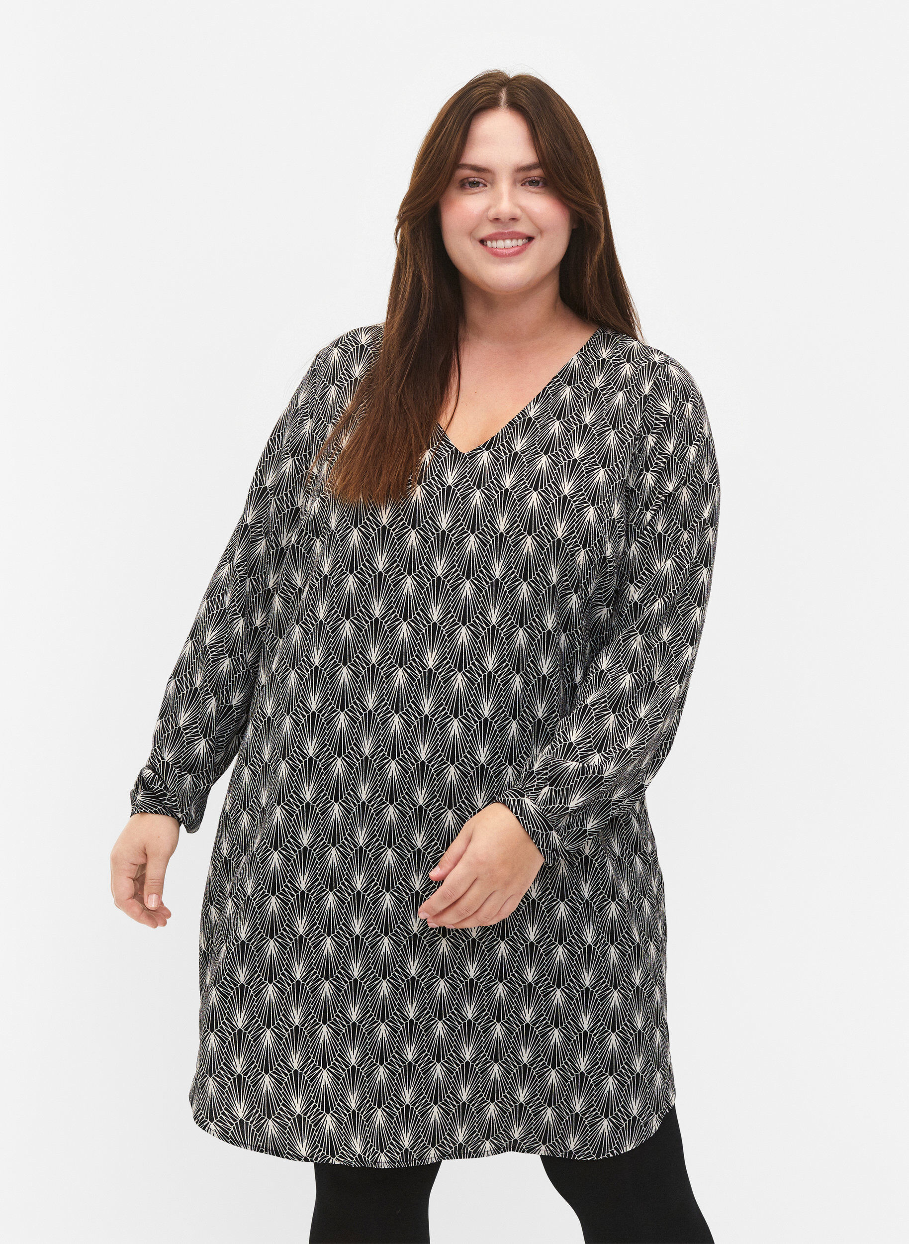 Zizzi Kjole med V-hals og trykk, Birch Graphic AOP, Model image number 0