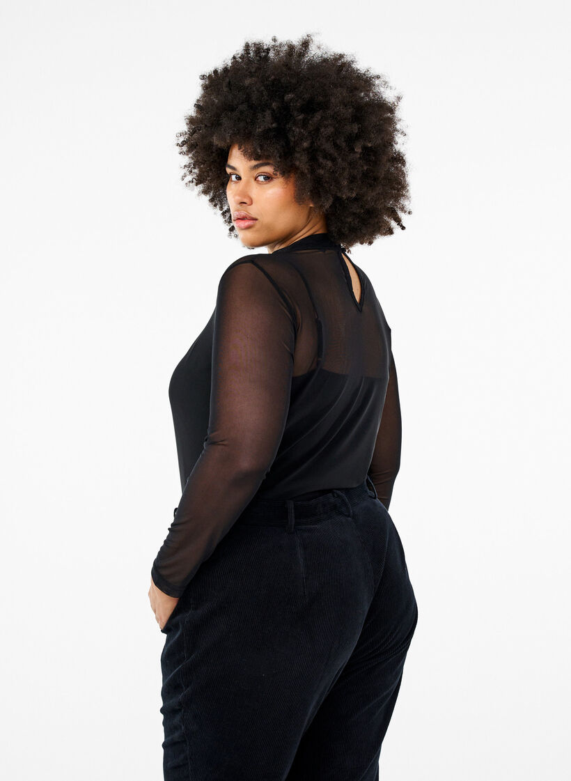Tett sittende meshbluse med lange ermer, Black, Model