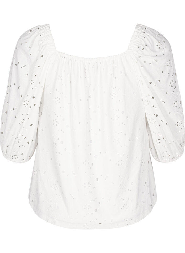 Bluse med korte puffede ermer og hullmønster, Bright White, Packshot