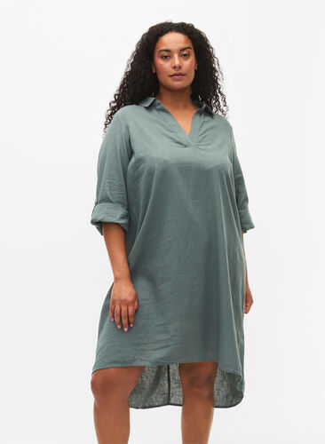 Stripet kjole i bomull og lin, Balsam Green, Model image number 0