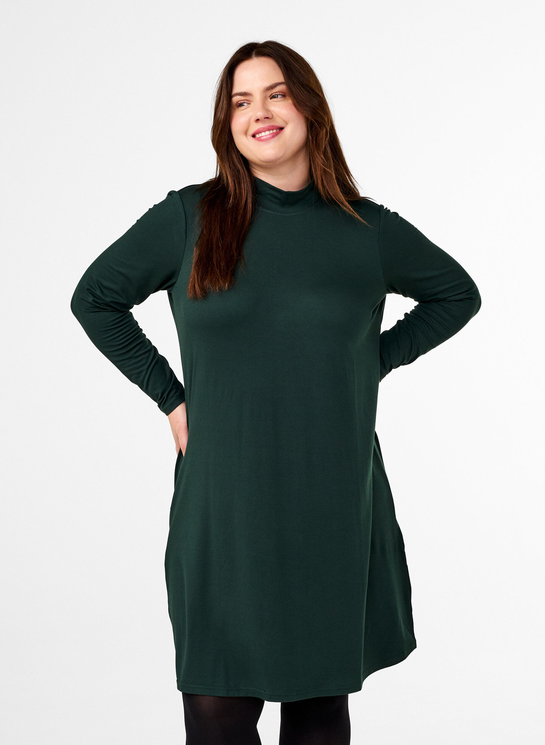 Zizzi FLASH - Kjole med lange ermer og turtleneck, Gr&oslash;nn, Model image number 0