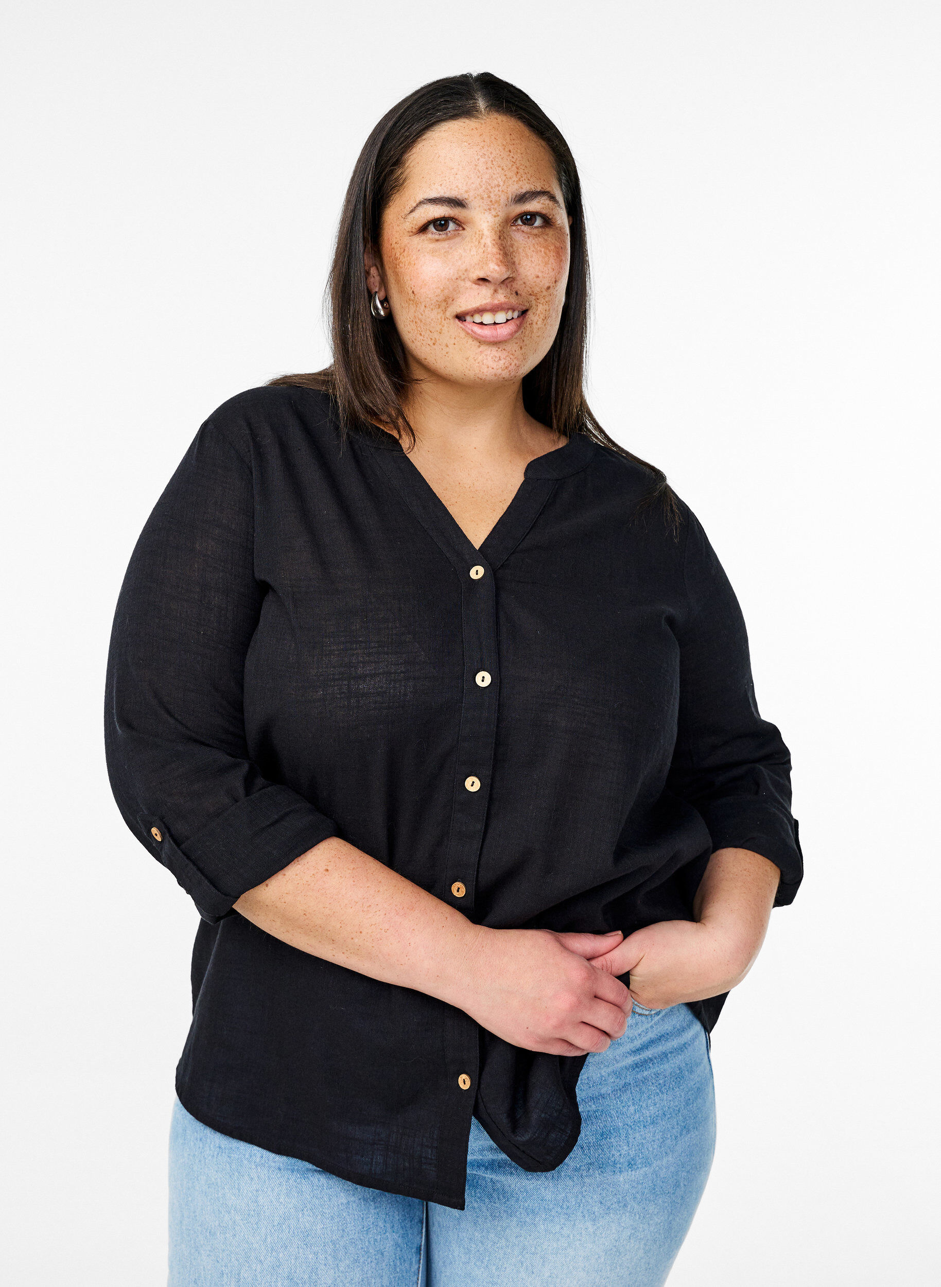 ZizziBomullsbluse med V-hals, Svart, Model image number 0