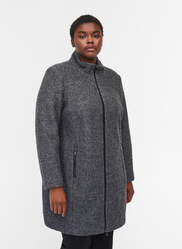 Frakk med ull og glidelås, Dark Grey Melange, Model image number 0