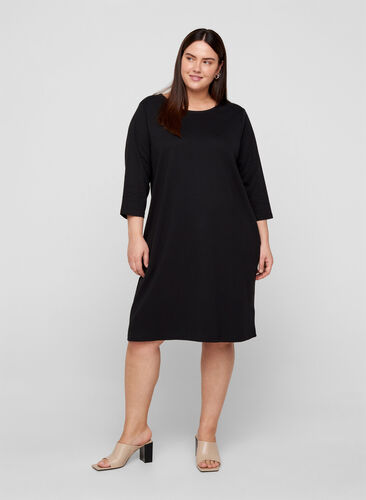 Bomullskjole med 3/4-ermer og lommer, Black, Model image number 2