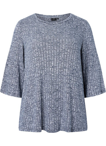 Bluse i melange med rund hals og 3/4-ermer, Dress Blues Mel., Packshot image number 0