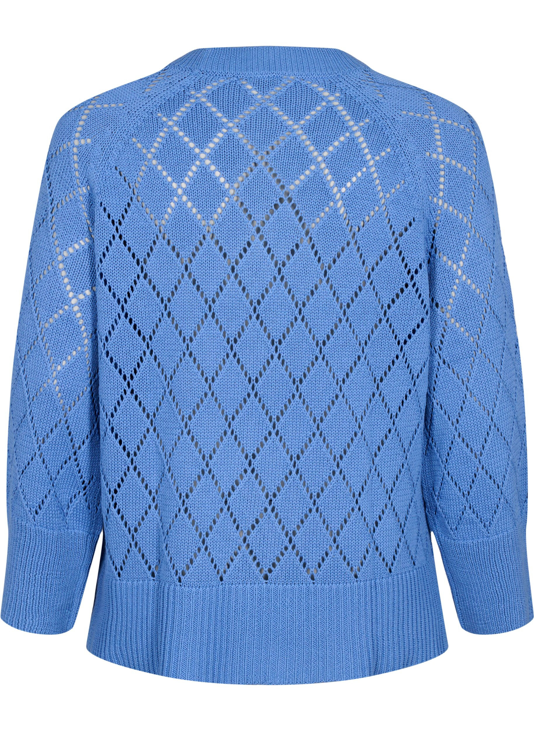 ZizziLangermet strikket bluse med hullm&oslash;nster, Blue Bonnet, Packshot image number 1