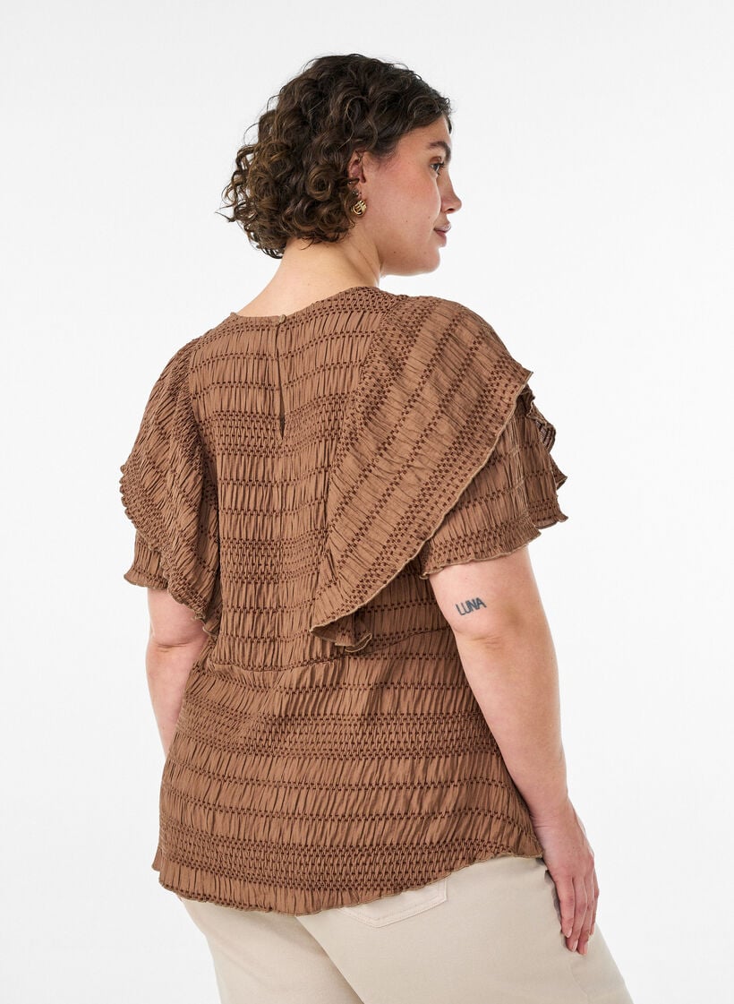 Bluse med smockstruktur og volangermer, Brun, Model image number 2