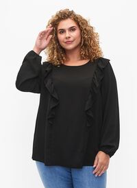 SJOKKPRIS - Bluse med lange ermer og volanger, Black, Model