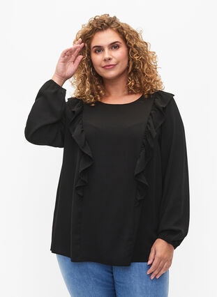 Bluse med lange ermer og volanger, Black, Model image number 0