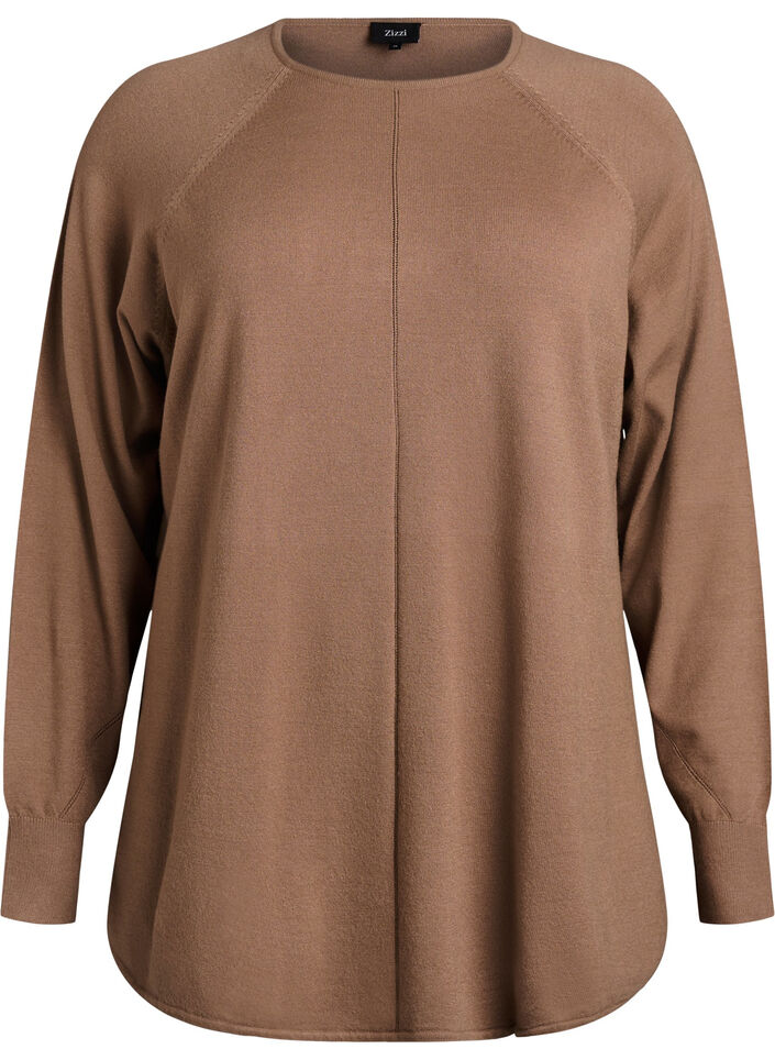 Strikkebluse med rund hals og strikket m&oslash;nster, Brun, Packshot image number 0