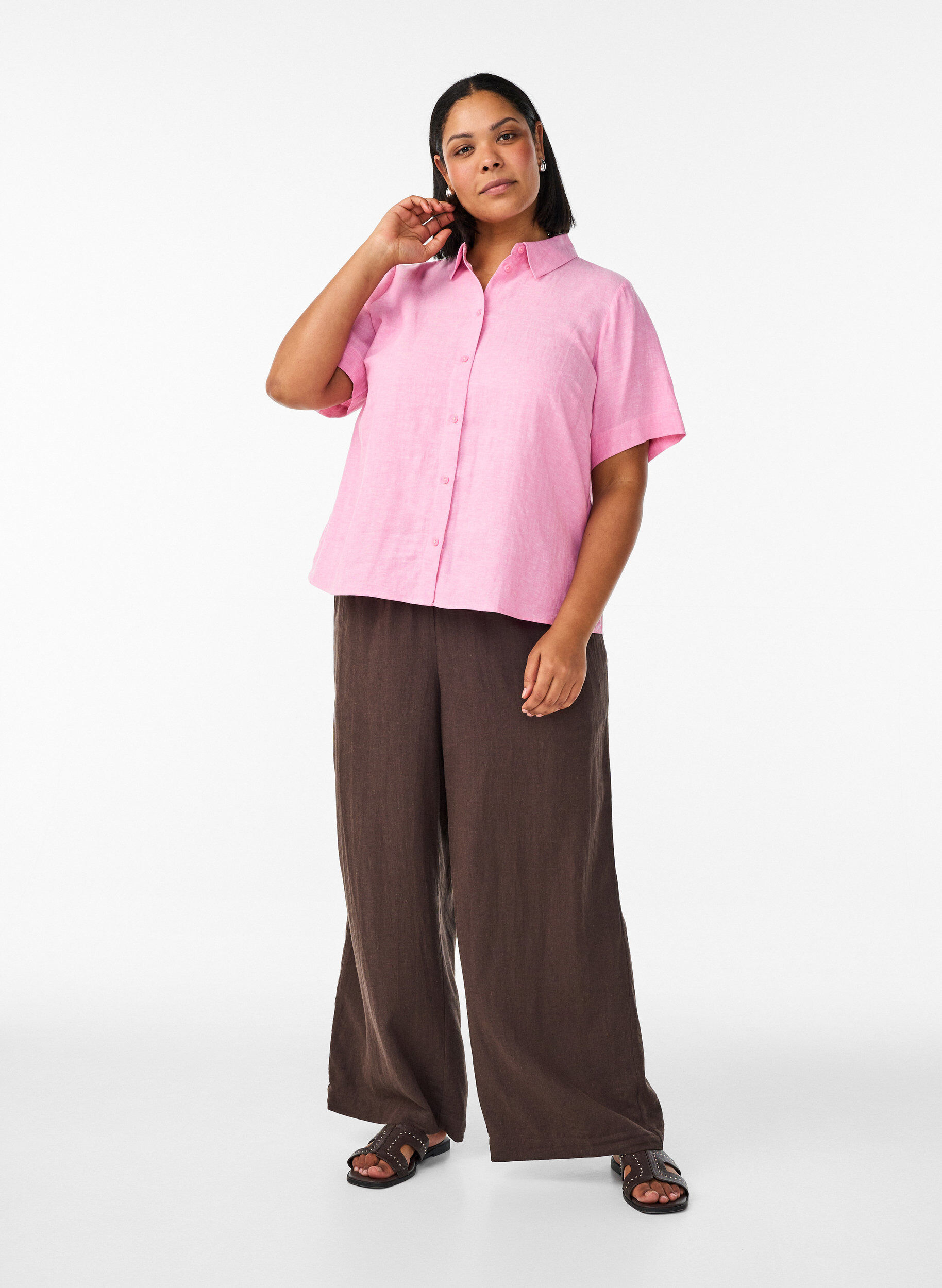 Zizzi Kortermet skjorte i lin og viskose, Rosa, Model image number 1