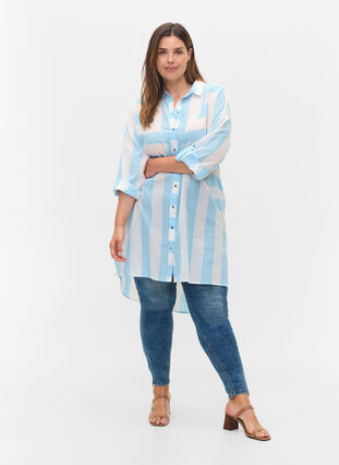Stripete bomullskjorte med 3/4-ermer, Blue Bell Stripe, Model image number 2
