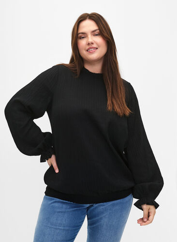 Zizzi Smockbluse med volanger og tekstur, Black, Model image number 0