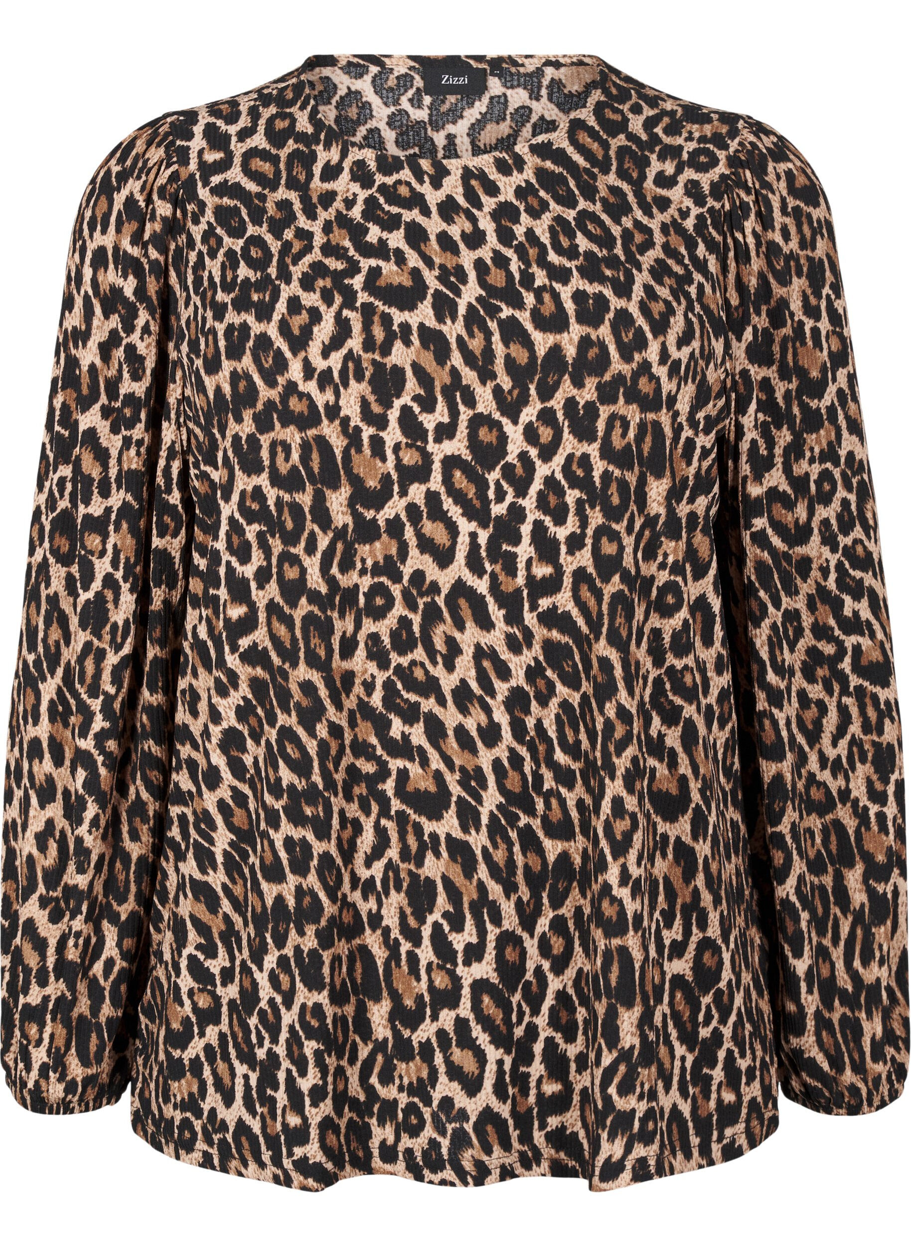 ZizziBluse med lange ermer og leopardm&oslash;nster, Brun, Packshot image number 0