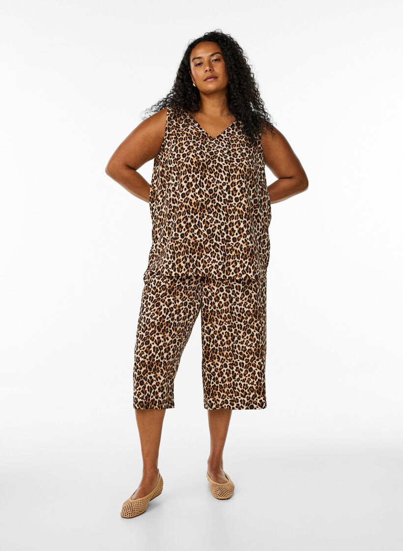 Topp med trykk og V-hals, Brun, Model image number 1