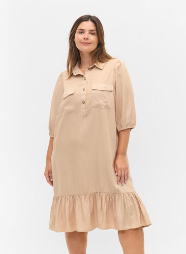 Kjole med volangkant og 3/4-ermer, Humus, Model image number 0