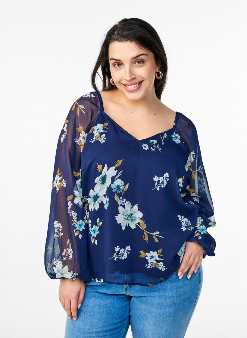 Chiffonbluse med blomstertrykk og lange ermer, Bl&aring;, Model image number 0