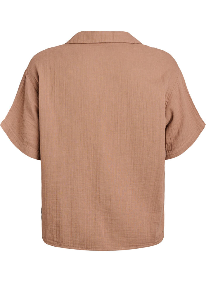 Bluse i bomullsmusselin med korte ermer, Brun, Packshot