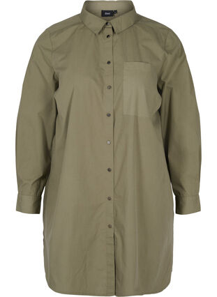 Lang bomullsskjorte med krage og knappelukking, Dusty Olive, Packshot image number 0