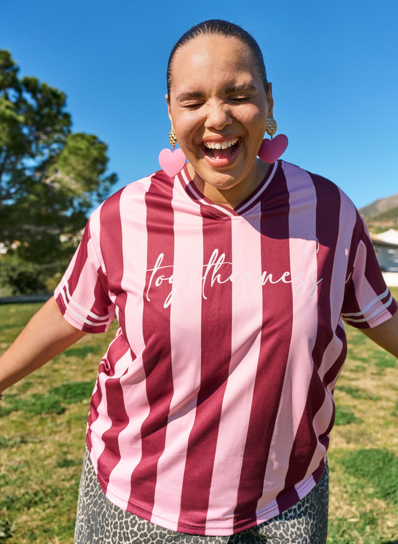 Sporty t-skjorte med striper og tekstmotiv, Rosa, Image image number 0