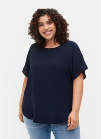 Kortermet bluse med rund hals, Blå Kortermet bluse med rund hals, Blå, Model