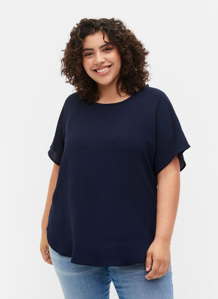 Zizzi Bluse med korte ermer og rund hals, Blå, Model image number 0