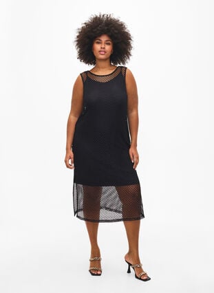 Ermeløs kjole i netting med splitt, Black, Model image number 0