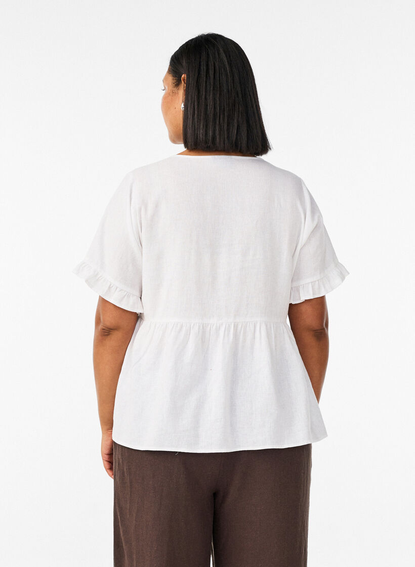 Bluse i lin og viskose med V-hals og knappelukking, Hvit, Model image number 2