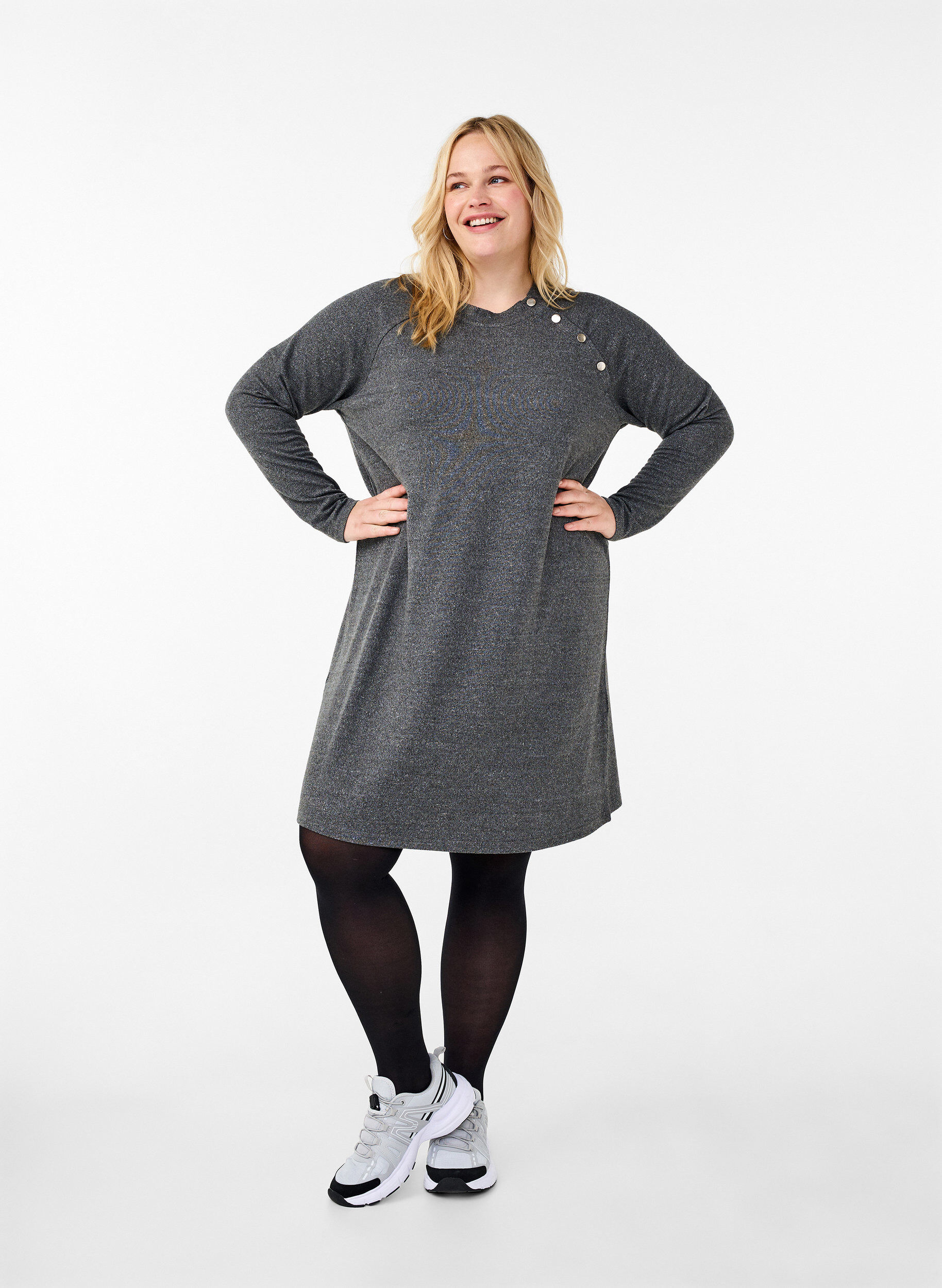 Zizzi Jerseykjole med knapper, Dark Grey Melange, Model image number 2