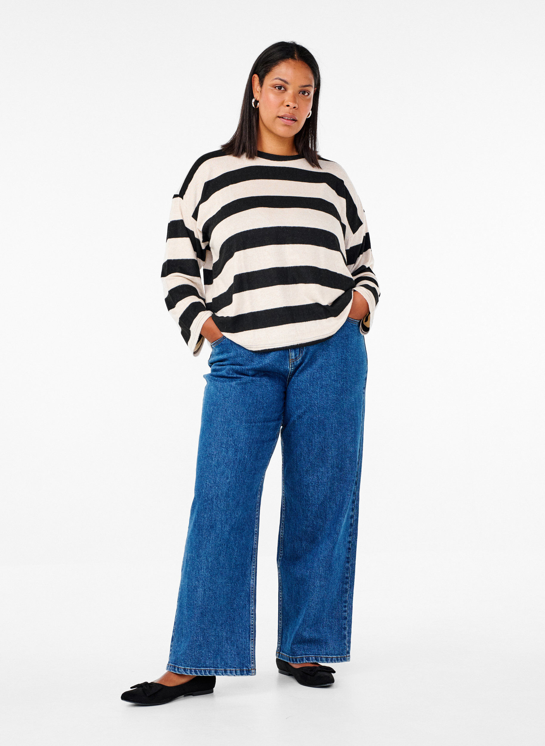 Zizzi Langermet bluse med striper, Bl. Beige Mel.Stripe, Model image number 2