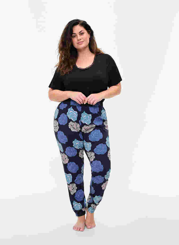 Pysjamasbukser med blomstermønster i bomull, Blue Flower, Model image number 0