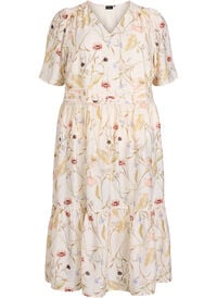 Blomstret midikjole med A-form, Beige Blomstret midikjole med A-form