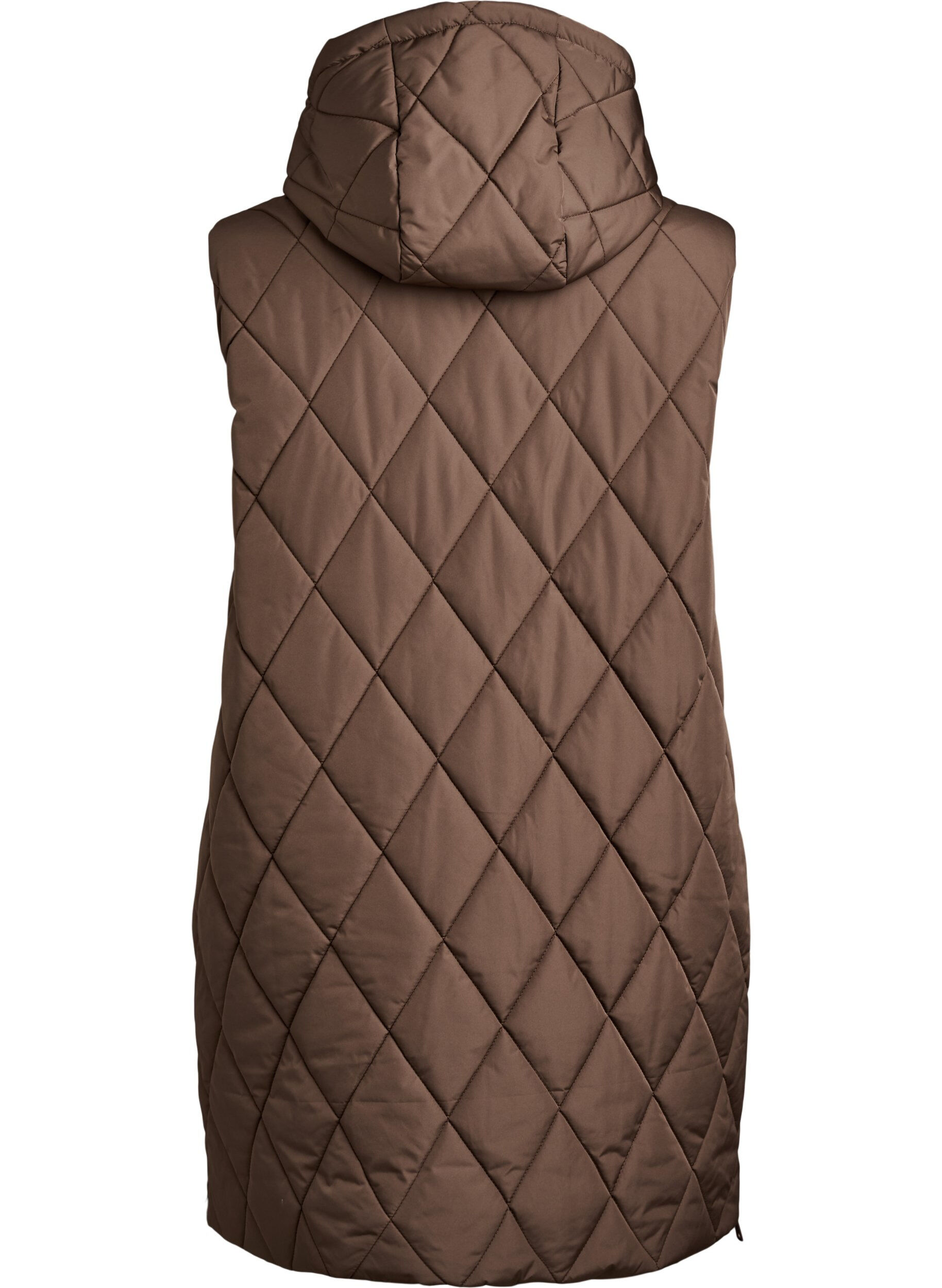 ZizziMellomlang quiltet vest med hette, Brun, Packshot image number 1