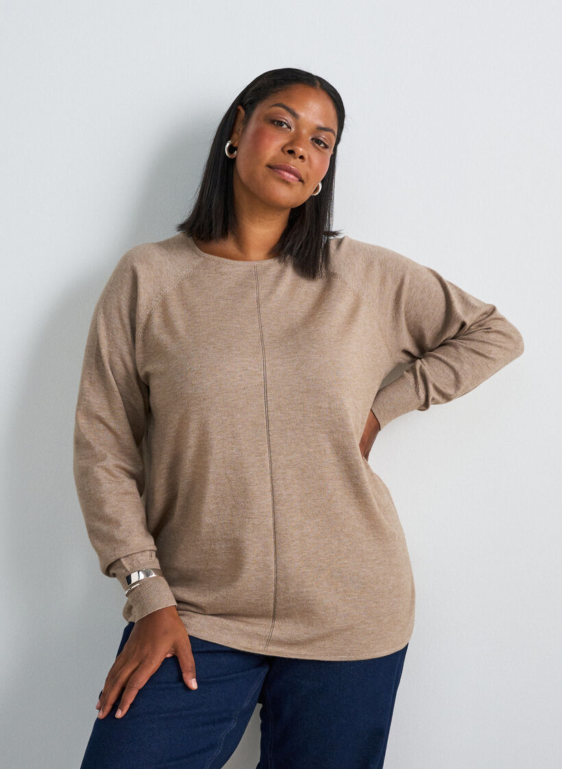 Strikket bluse med rund hals og strikket m&oslash;nster, Beige, Model image number 0