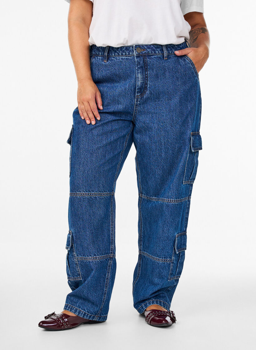Høymidjede cargojeans, Blue Denim, Model