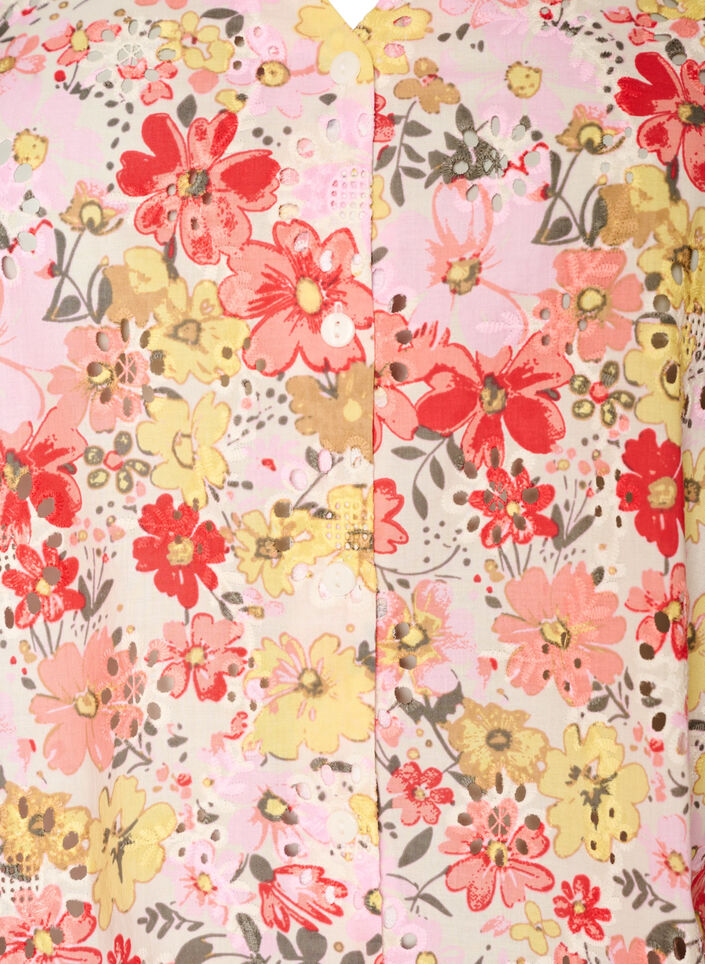 Bluse med blomsterm&oslash;nster, hullbroderi og V-hals, Rosa, Packshot image number 2