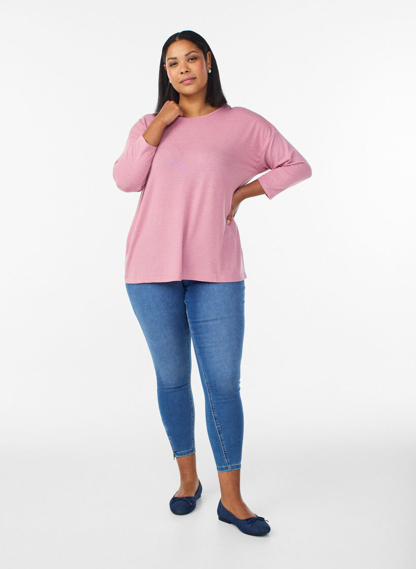 Jersey bluse med 3/4 ermer, Rosa, Model image number 1