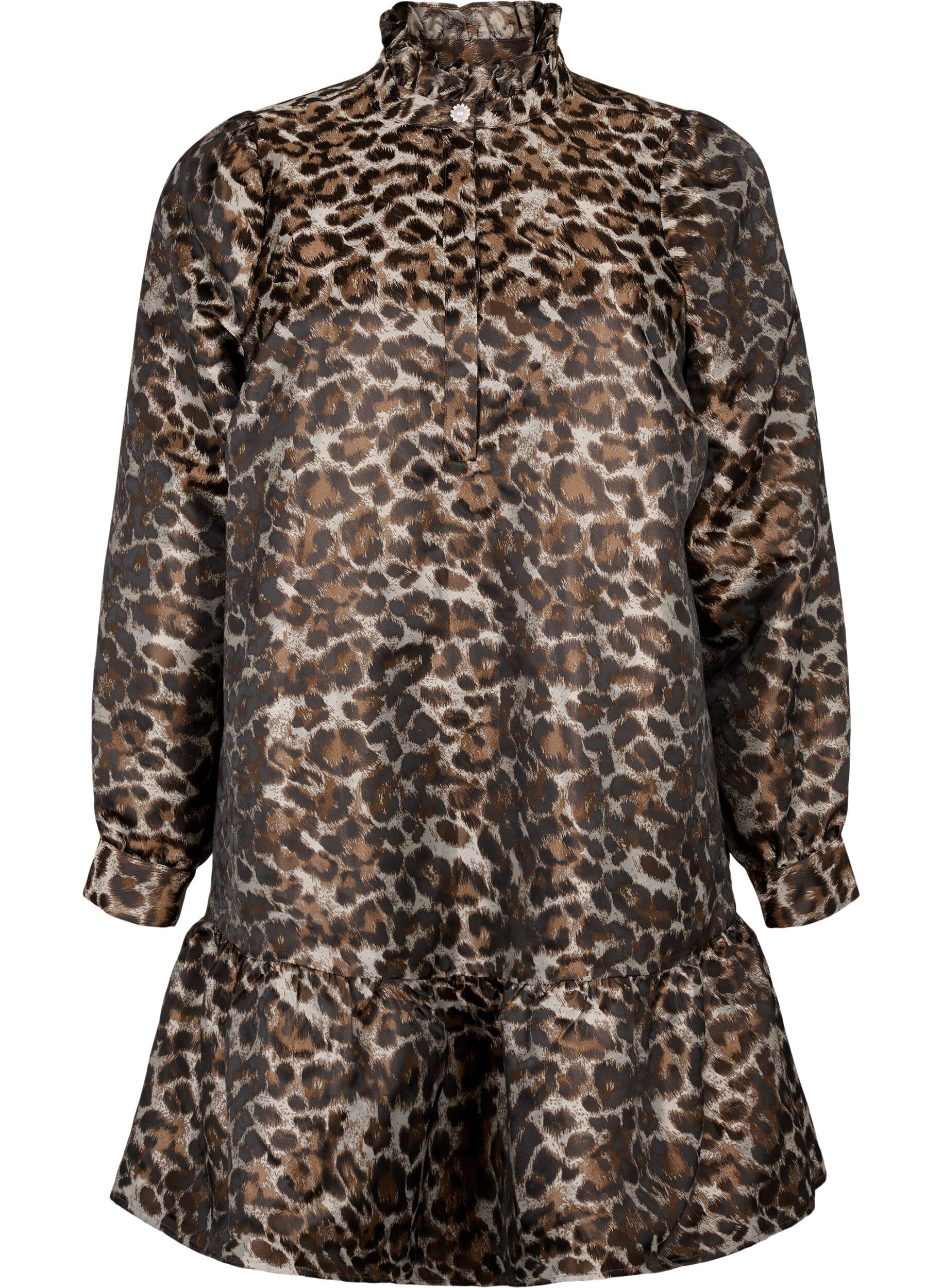 Zizzi Kort jacquardkjole med leopardm&oslash;nster, Brown Leo AOP, Packshot image number 0