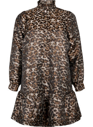 Zizzi Kort jacquardkjole med leopardmønster, Brown Leo AOP, Packshot image number 0