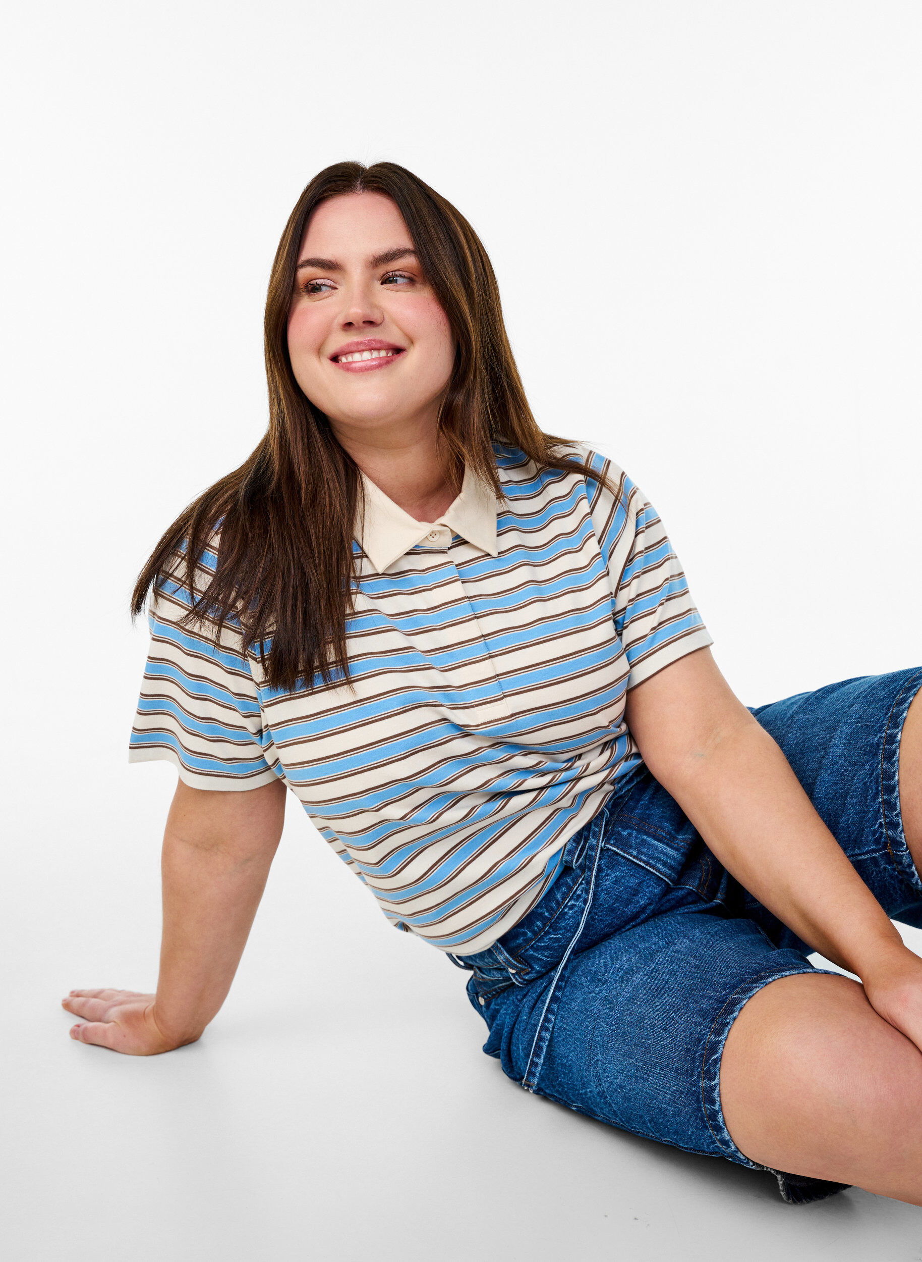 Zizzi Stripete poloskjorte med korte ermer, Bl&aring;, Image image number 0