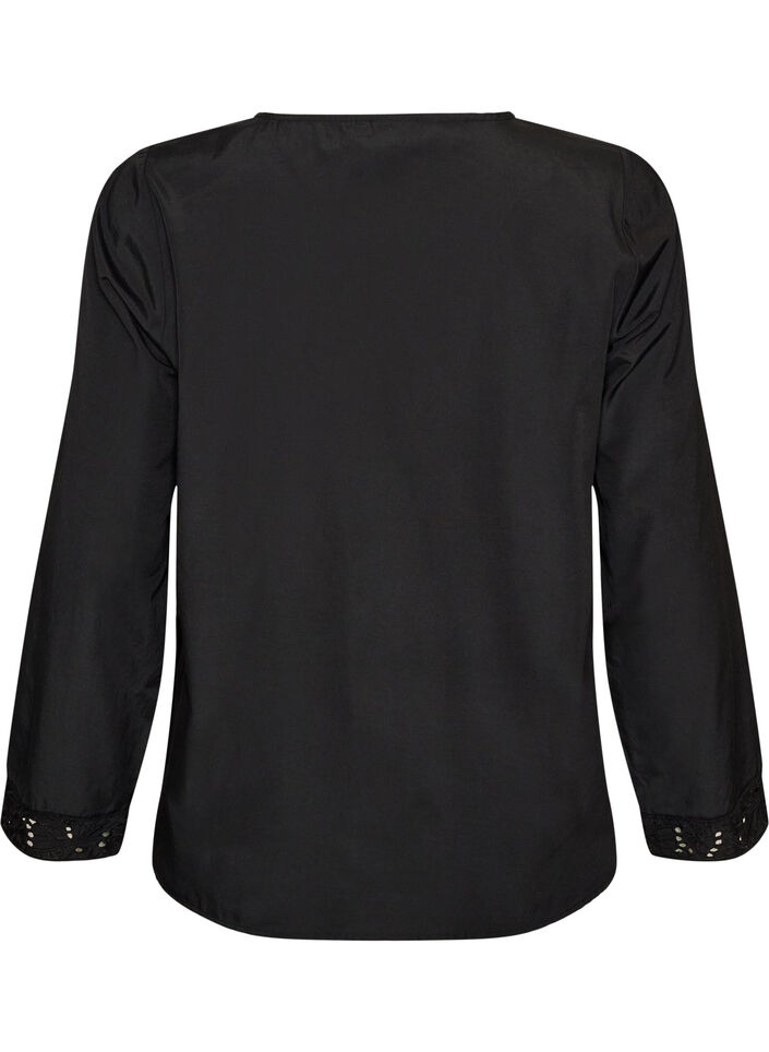 Skjortebluse med broderie anglaise, Svart, Packshot image number 1