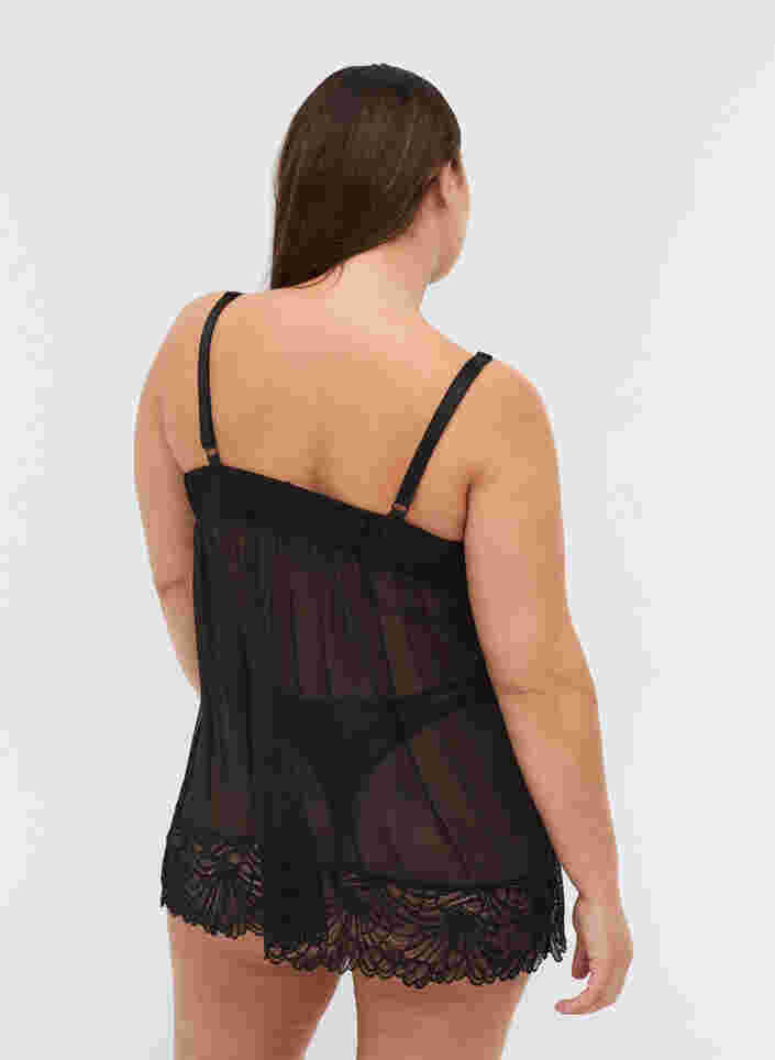 Kort nattkjole med mesh og blonder, Black, Model image number 1