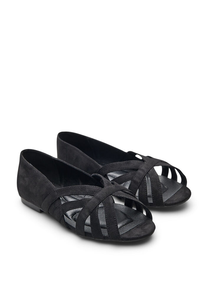 Ballerina i imitert semsket skinn med kryssede stropper, Svart, Packshot image number 1