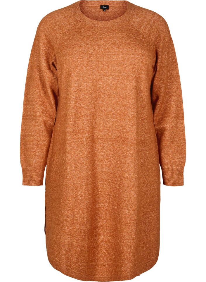 Kort strikket kjole med rund hals, Orange, Packshot image number 0