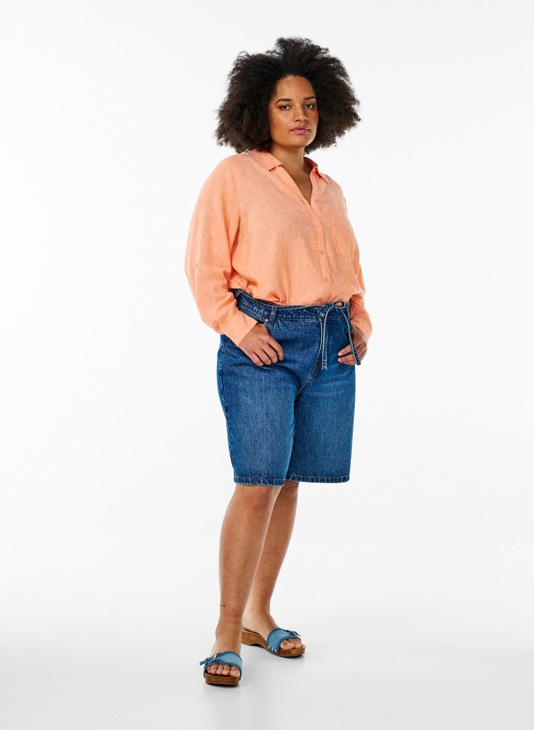 ZizziSkjorte i lin og viskose med 3/4 ermer, Orange, Model image number 1