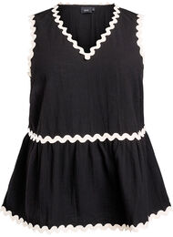Ermeløs bluse med kontrastfargede bølgekanter, Black w. Sandshell